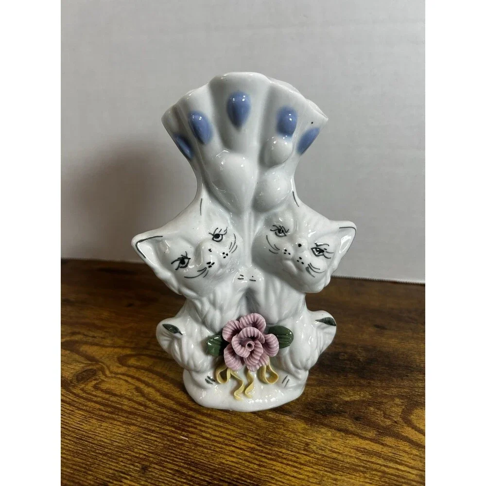 Vintage Sophia-Ann White Cat Vase Pink Roses Blue Accent Ceramic Figurine 7”